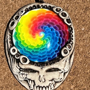 Grateful Dead Steal your Face necklace,handmade and one of a kind,psychedelic pendant,black handwoven cord with beads