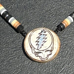 Grateful Dead ceramic Steal your Face with Bolt pendant,black handwoven macrame cord with matching beads,one of a kind,deadhead gift