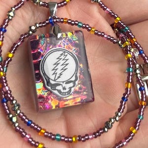 Grateful Dead fabulous glass beaded necklace,Stealie with shrinky dink, dicronic film,and resin pendant,one of a kind,handmade,Deadhead gift