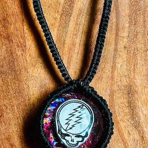 Grateful Dead fabulous Steal your face necklace with handmade one of a kind psychedelic dichroic film backdrop,Deadhead gift
