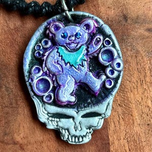 Grateful Dead Bear necklace,steal your face pendant,one of a kind gift for deadhead,handmade macrame necklace