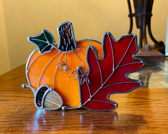 Pumpkin Votive/ 5 1/2”w x 4” high x 2 1/2deep/Glass Fall Decor/ Fall Votive/ Pumpkin & Leaf Candle/ Votive Candle with Autumn Stained Glass