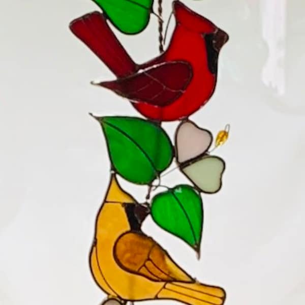 Male & Female CardinalSwag/5” x16” 2 Cardinals  with White Flowers/ Stained Glass Cardinal Scroll
