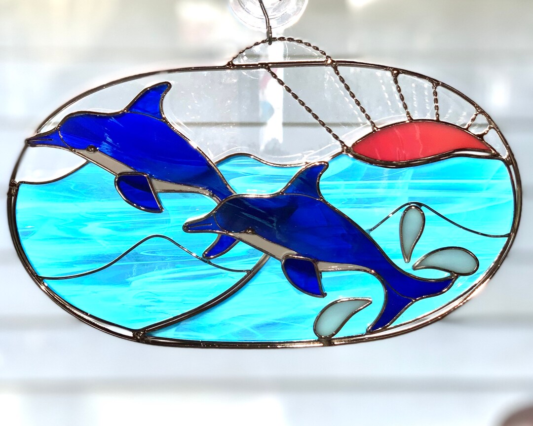 Stained Glass Dolphin Suncatcher/ 6 X 11dolphins Frolicking in the