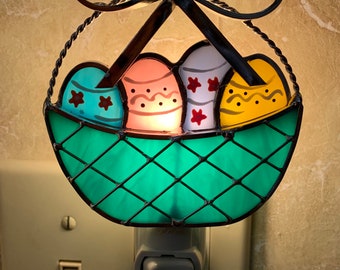 5” h x 3 1/2” wide nite lite Easter Basket with eggs/ Stained  Glass Easter Basket Night Light