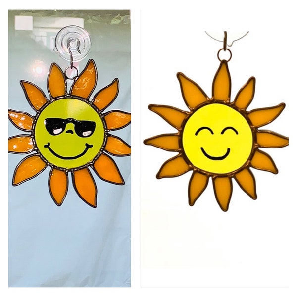 Small Sun with or without sunglasses/ smiley face Suncatcher/ Stained Glass Window Hanging/ Birthday Gift/Stained Glass Sun