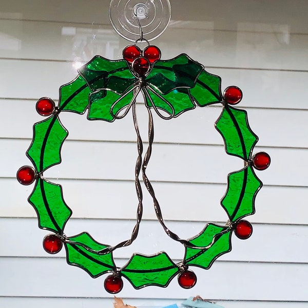 10” Christmas Wreath/ Stained Glass Holly Wreath/ Holly with Berries/ Christmas Gift
