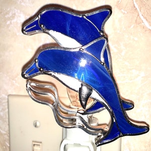 Stained Glass Dolphin Night Light/ Beach Life/4”w X 5” h Blue Dolphins/