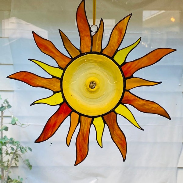 NEW !!!  11”Sun with 4” rondel center Suncatcher/ Lg Suction Cup Incl./ Stained Glass SolarSystem/ New Brighter Colors/