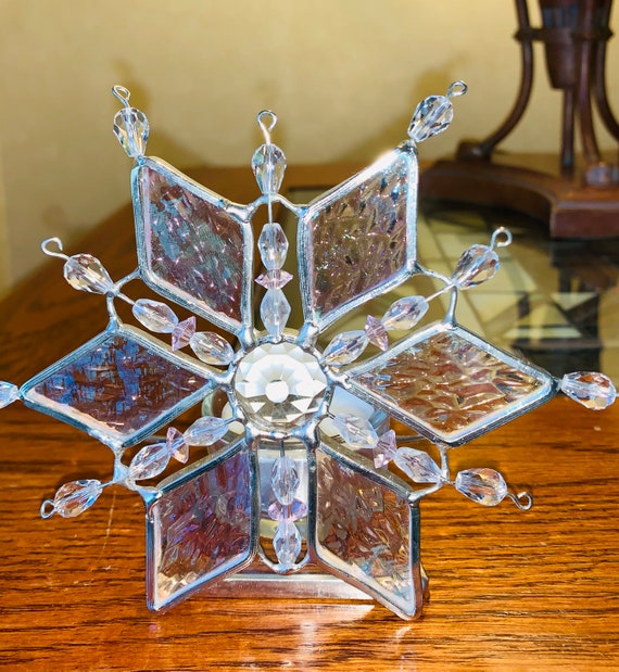 Stained Glass Votive Holder/ Snowflake Votive/ Clear Iridescent Votive Candle Holder/ 5 X 5 Votive/ Brighten any Room