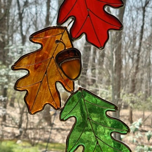 BEST SELLER!Large  Glass Oak Leaves Suncatcher/ 9” l X 5” w Leaf Trio/ Fall Suncatcher Decoration /Leaves with acorns window decor