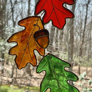 Was 44.85Now 42.95 BEST SELLER!Large  Glass Oak Leaves Suncatcher/ 9” l X 5” w Leaf Trio/ Fall Suncatcher Decoration /Leaves with acorns
