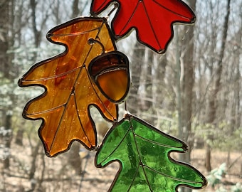 BEST SELLER!Large  Glass Oak Leaves Suncatcher/ 9” l X 5” w Leaf Trio/ Fall Suncatcher Decoration /Leaves with acorns window decor