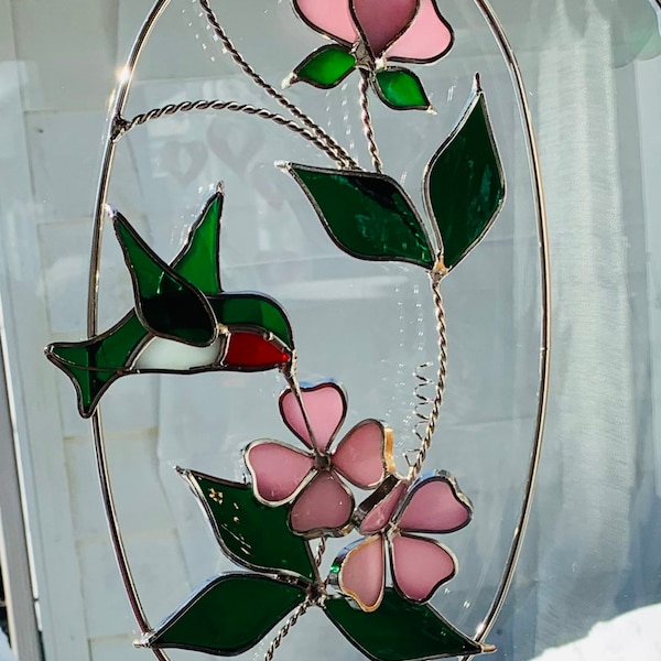 NEW! 11 1/2” X 6” Hummingbird Oval/ Stained Glass Hummingbird Suncatcher/ 3-D Flowers on a Vine