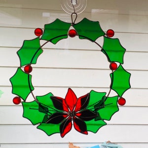 Was 150.00 now 125.00 12”Poinsettia Wreath/ Stained Glass 3-D Wreath with holly berries/ Holly Wreath with Poinsettia/ Christmas Gift