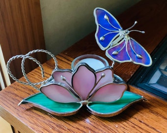 6”w X 5”h Butterfly Votive Holder/ Pink Flower w Dk Blue Iridescent Butterfly.