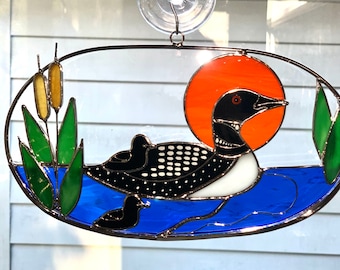 Stained Glass Loon Suncatcher with Chicks, Brass Oval Decor