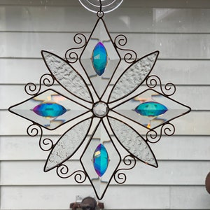 Only 2 left! Have to see!  Glass Beveled Suncatcher/9”Beveled circle with 4 marquis dichroic jewels/ Clear Diamond Beveled w clear granite