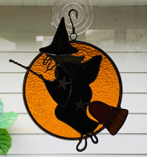 Witch Sun Catchers – Double-Sided Printed Acrylic Window Hanging With Metal Chains, Gothic Moon & Witch Ornaments, Stained Glass Style Decor