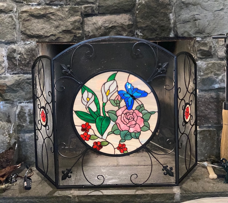 Fireplace Screen/ Stained Glass Butterflies & Flowers/32 High Etsy