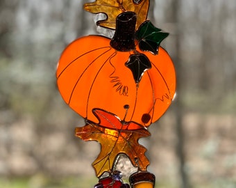 Fall Swag/Autumn Leaves with a Pumpkin Suncatcher/ 5”wide X 16” long window decor/StainedGlassdecor