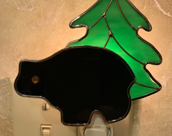 Bear Night Light/ 4”x5” Pine Tree & Bear Stained Glass/Any Room Nite Lite/ 3-D Wall Light