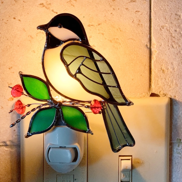 Stained Glass Chickadee Night Light/3-D Chickadee Night Light/Birthday Gift/