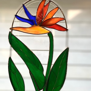 7” X 11” Stained Glass Bird of Paradise Suncatcher/Tropical flower in oval brass ring/ Bird of Paradise suncatc