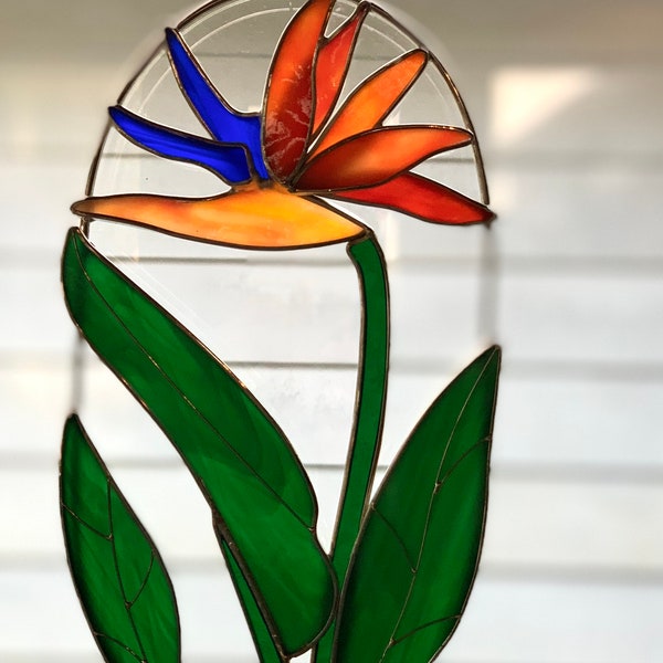 7” X 11” Stained Glass Bird of Paradise Suncatcher/Tropical flower in oval brass ring/ Bird of Paradise suncatc