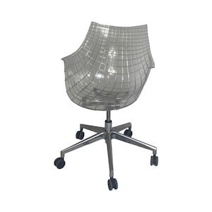 May include: A clear plastic office chair with a grid pattern on the back and seat. The chair has a silver metal base with five wheels.
