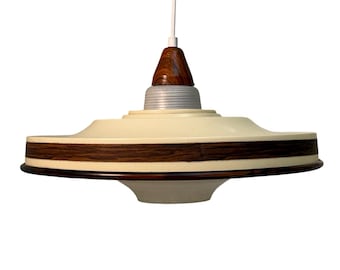 Vintage 70’s hanging pendant - Plastic Fantastic! - Glass centre and faux wood accents