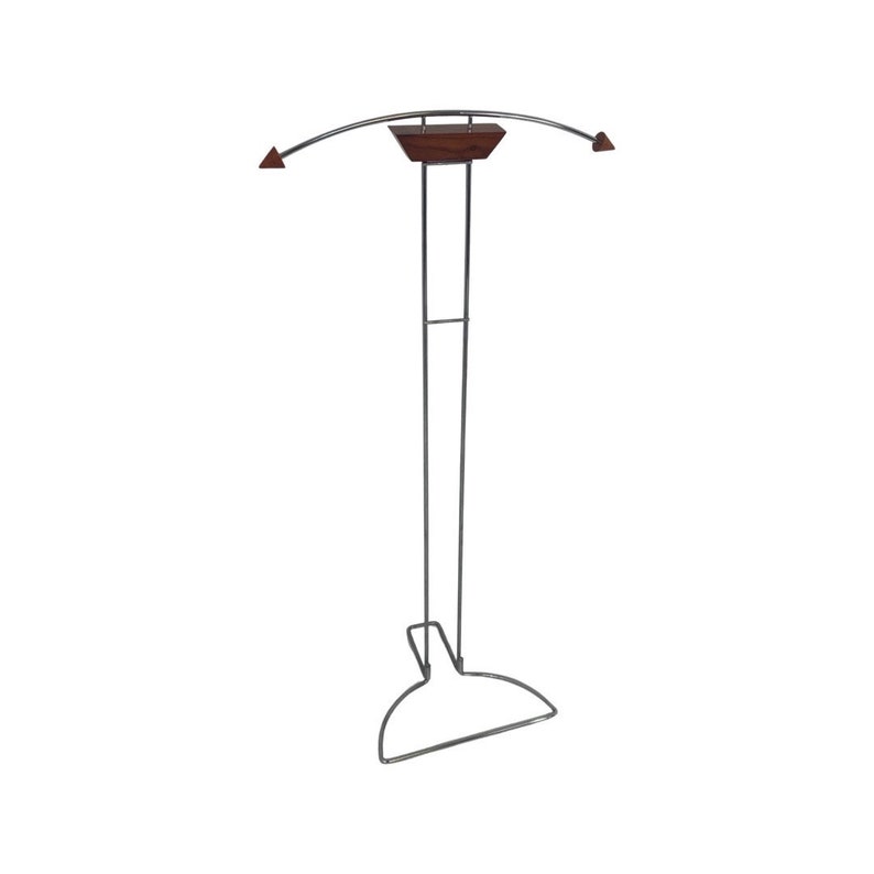 May include: A chrome-plated metal coat rack with a wooden top and a curved arm. The rack has a triangular base.