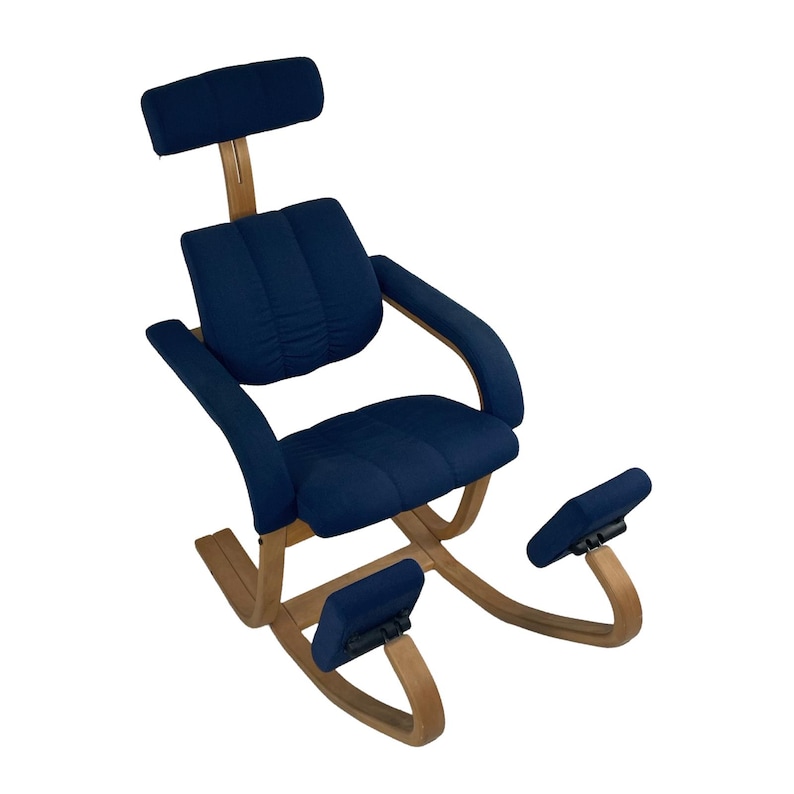 May include: A blue rocking chair with a headrest and footrest. The chair is made of wood and has a padded seat and back.