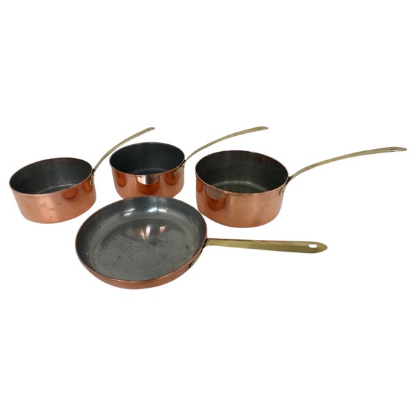 Tagus - Portugal - Set of 4 - Copper pots and pan with brass handles - Polished