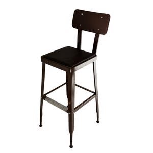 May include: A tall, brown metal bar stool with a square, dark seat and a small backrest. The stool has a footrest and is designed with a minimalist, industrial aesthetic. The legs are slightly tapered, and the overall design is simple and functional.