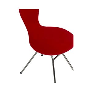 May include: A red chair with a curved back and a chrome frame. The chair has a simple, modern design.