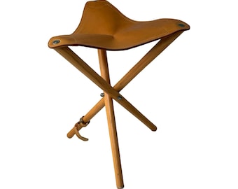 Silla de caza - Taburete trípode plegable - Tapizado en madera y cuero - Estilo campaña militar - Marrón claro