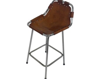 Charlotte Perriand - Tabouret de bar modèle 'Les Arcs' - Dossier haut - Assise en cuir sur piètement chromé