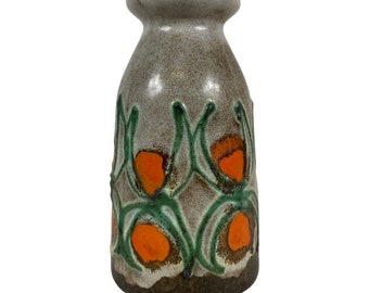 May include: A gray ceramic vase with a brown glaze and orange and green floral design.
