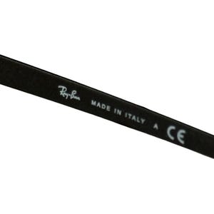 May include: Close-up of a black eyeglass arm with the Ray-Ban logo and the text "MADE IN ITALY" and "A CE". The arm is angled diagonally across the frame.