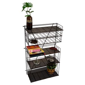 May include: A black metal shelving unit with five shelves. The shelves are made of wire mesh and have a black finish. The shelving unit is decorated with a potted plant, books, and other decorative items.