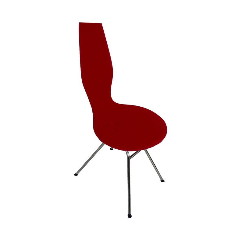 May include: A red chair with a curved back and a chrome frame. The chair has a modern design and is suitable for dining or living room use.