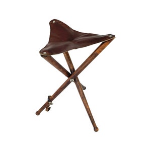 Hunting chair - Foldable tripod stool - Wood and leather upholstery - Military Campaign style - Light brown
