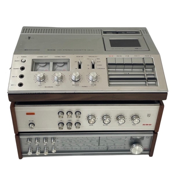 Philips - Hifi-Set - Kassettendeck N2536 - Verstärker 590 - Tuner 691 - Komplettset aus den 1970er Jahren mit Holzplatten