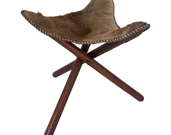 Chaise de chasse - Tabouret trépied pliable - Revêtement en bois et cuir avec fourrure - Style campagne militaire - Marron foncé