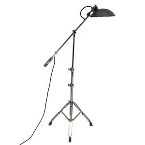 May include: A silver-colored, adjustable floor lamp with a tripod base. The lamp features a curved, semi-circular shade and a long, angled arm. A black power cord extends from the lamp.