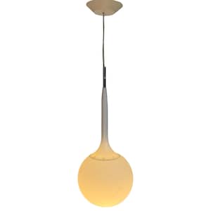 May include: A modern, white pendant light fixture with a spherical, frosted glass shade. The light hangs from a thin cord and a white ceiling mount. The fixture has a sleek, minimalist design, suitable for interior lighting.