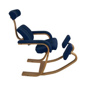 May include: A blue ergonomic kneeling chair with a wooden frame and a headrest. The chair has a footrest and is designed for comfortable sitting.