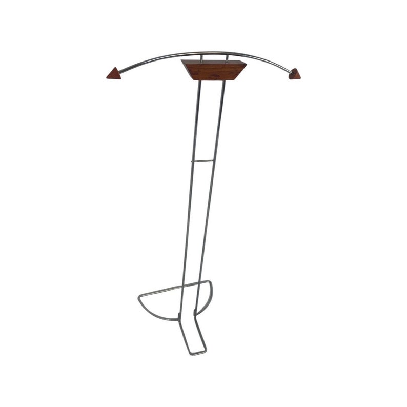 May include: A silver metal coat rack with a curved top and a wooden base. The rack is freestanding and has a modern design.
