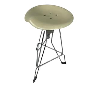 May include: A light green tractor seat stool with a chrome metal base. The stool has a round seat with a slight curve and a chrome metal adjustable height mechanism.
